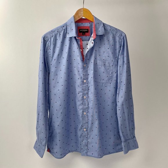 Men's Johnston & Murphy Long Sleeve Button Front Shirt Blue/Red Details, Size L - Picture 1 of 10